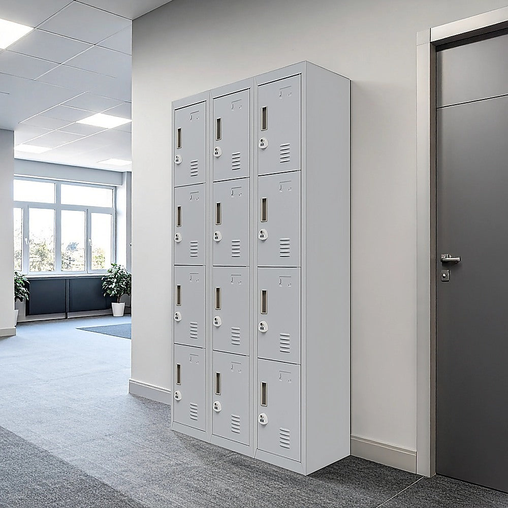 12-Door Steel Storage Locker with 3-Digit Combination Lock, Grey