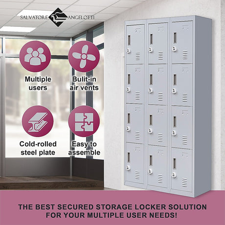 12-Door Steel Storage Locker with 3-Digit Combination Lock, Grey