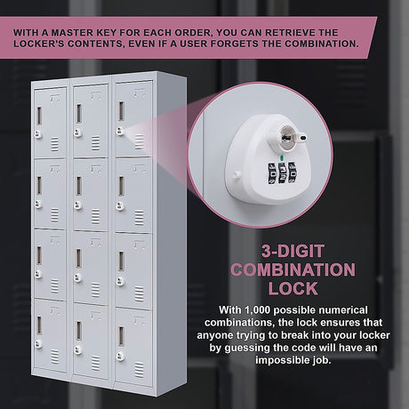 12-Door Steel Storage Locker with 3-Digit Combination Lock, Grey
