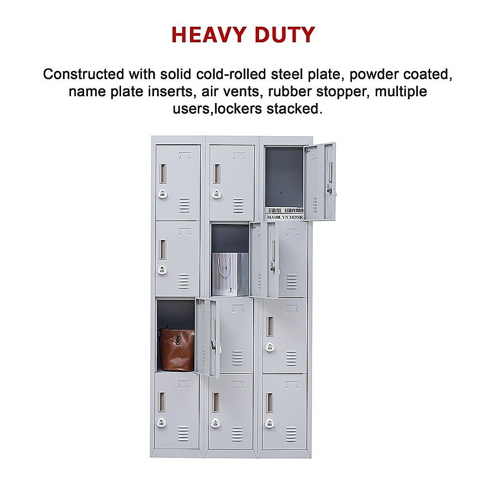 12-Door Steel Storage Locker with 3-Digit Combination Lock, Grey
