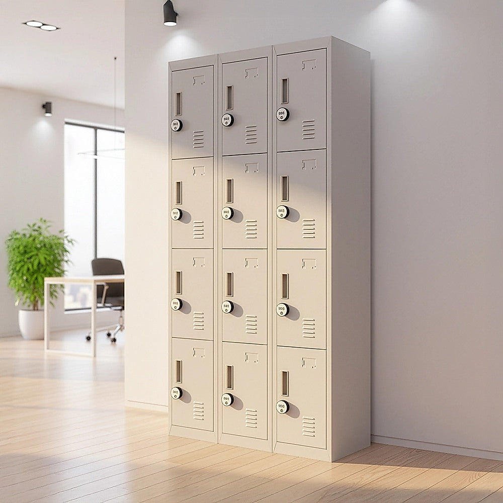 12-Door Steel Storage Locker with 4-Digit Combination Lock, Grey