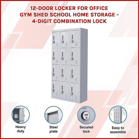 12-Door Steel Storage Locker with 4-Digit Combination Lock, Grey