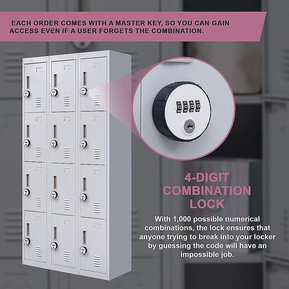 12-Door Steel Storage Locker with 4-Digit Combination Lock, Grey