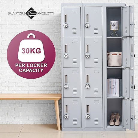 12-Door Steel Storage Locker with 4-Digit Combination Lock, Grey