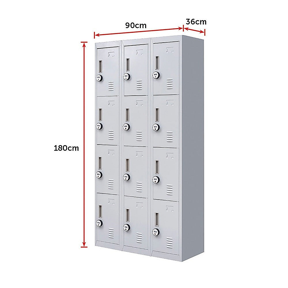 12-Door Steel Storage Locker with 4-Digit Combination Lock, Grey