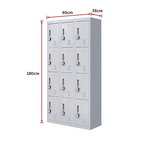 12-Door Steel Storage Locker with 4-Digit Combination Lock, Grey