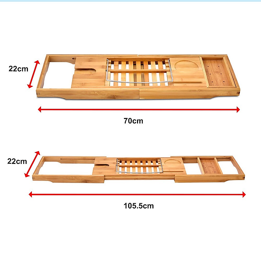 Dimensions diagram for the extendable bamboo bath caddy tray