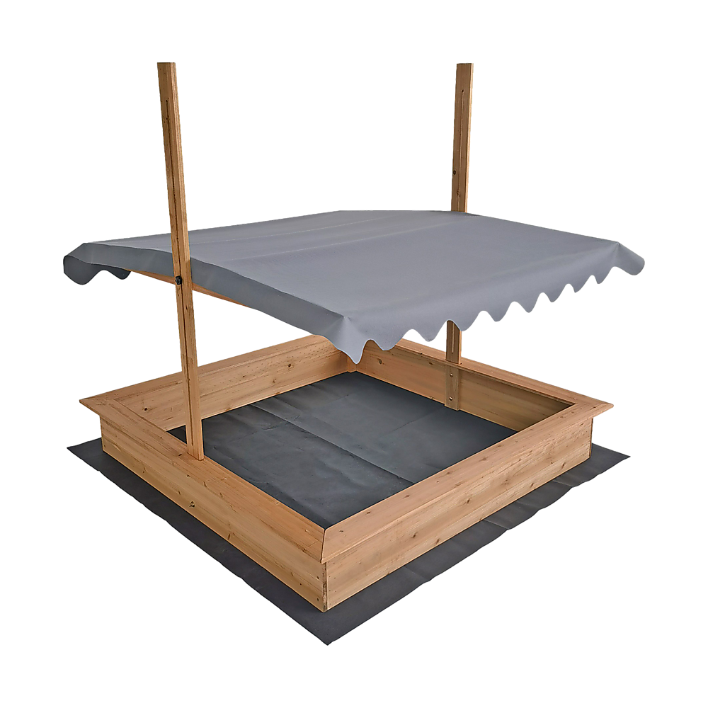 Wooden sandpit with canopy side view