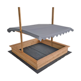 Wooden sandpit with canopy side view