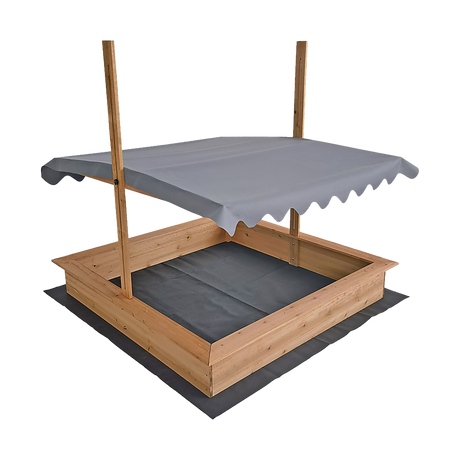Wooden sandpit with canopy side view