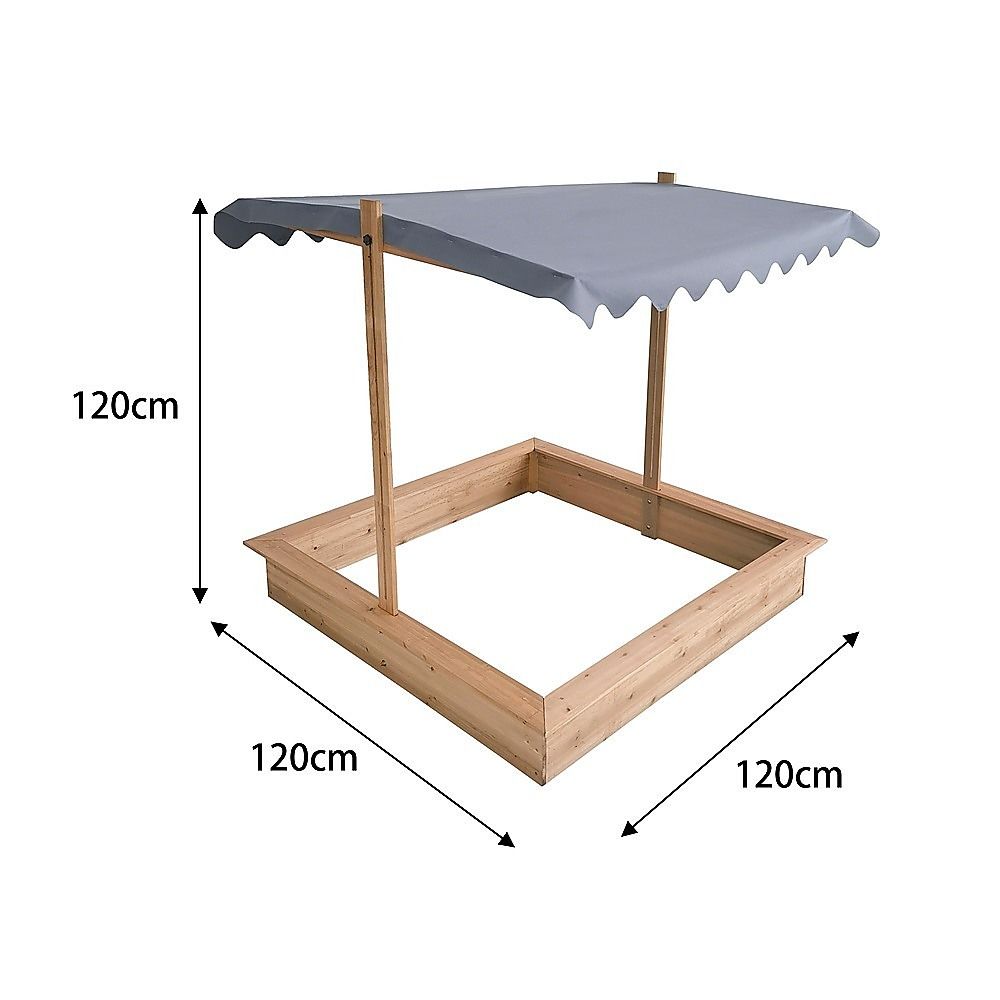 Wooden sandpit with adjustable canopy dimensions