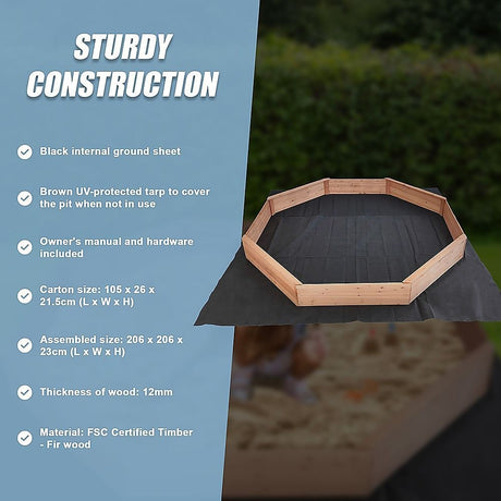 Wooden octagonal sandpit with bench seats