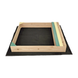 Wooden sandpit with bench seat and storage in blue and yellow