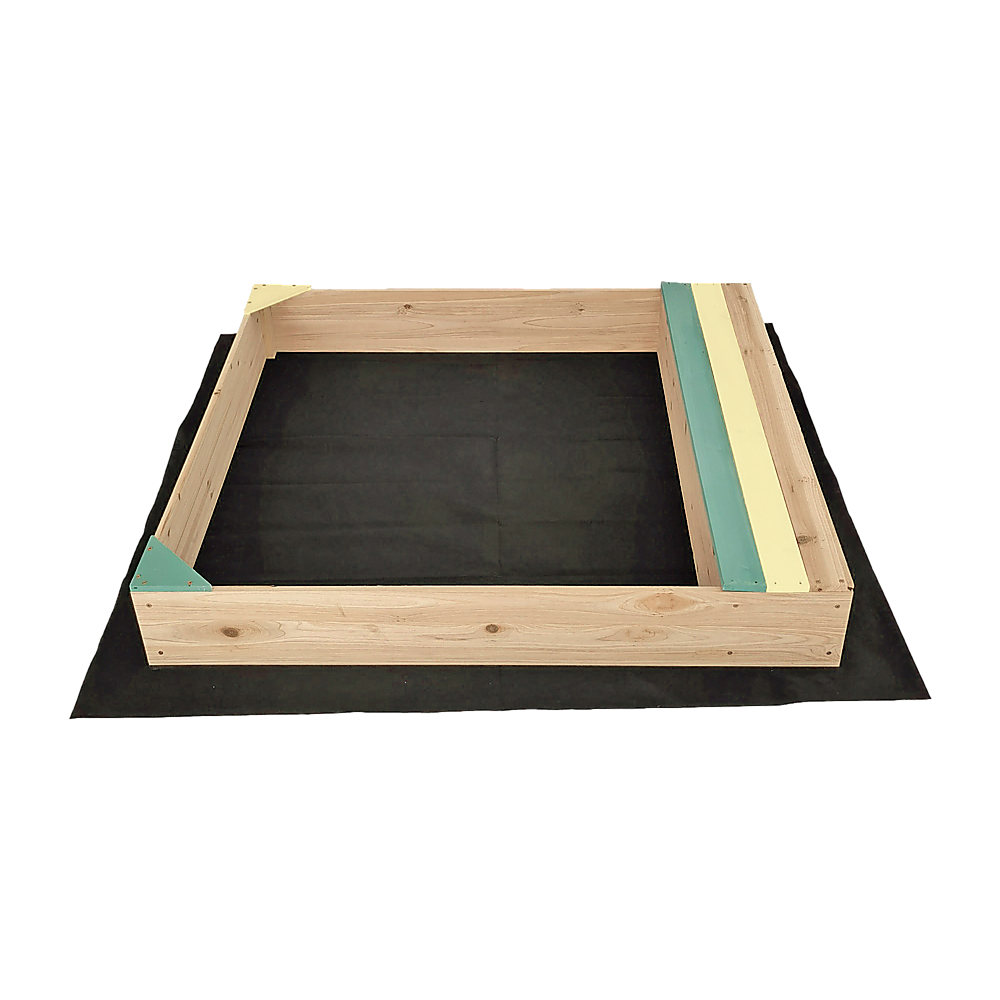 Wooden sandpit with bench seat and storage in blue and yellow