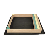 Wooden sandpit with bench seat and storage in blue and yellow