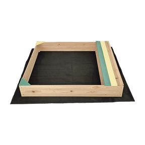 Wooden sandpit with bench seat and storage in blue and yellow