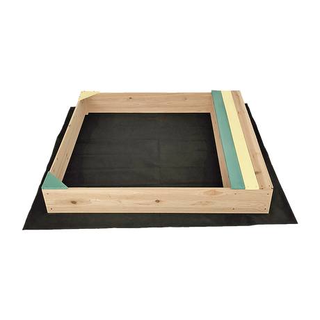 Wooden sandpit with bench seat and storage in blue and yellow