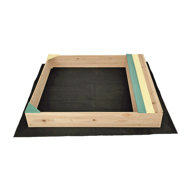 Wooden sandpit with bench seat and storage in blue and yellow
