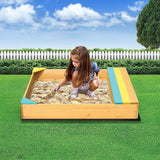 Wooden sandpit with bench seat and storage in blue and yellow