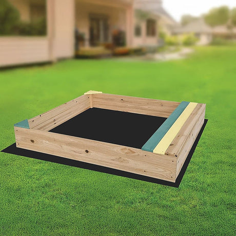 Wooden sandpit with bench seat and storage in blue and yellow