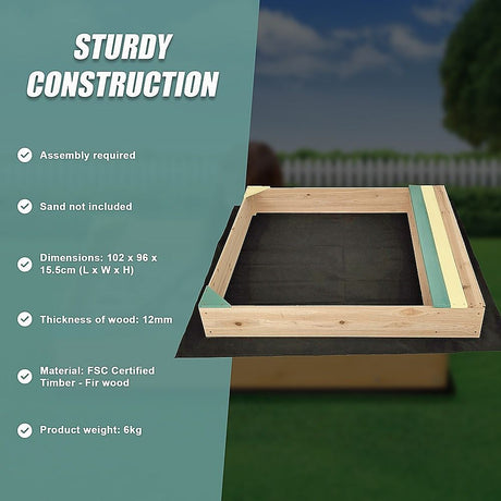 Wooden sandpit with bench seat and storage in blue and yellow