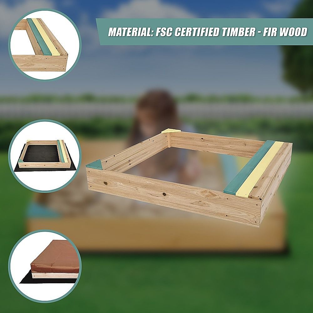 Wooden sandpit with bench seat and storage in blue and yellow