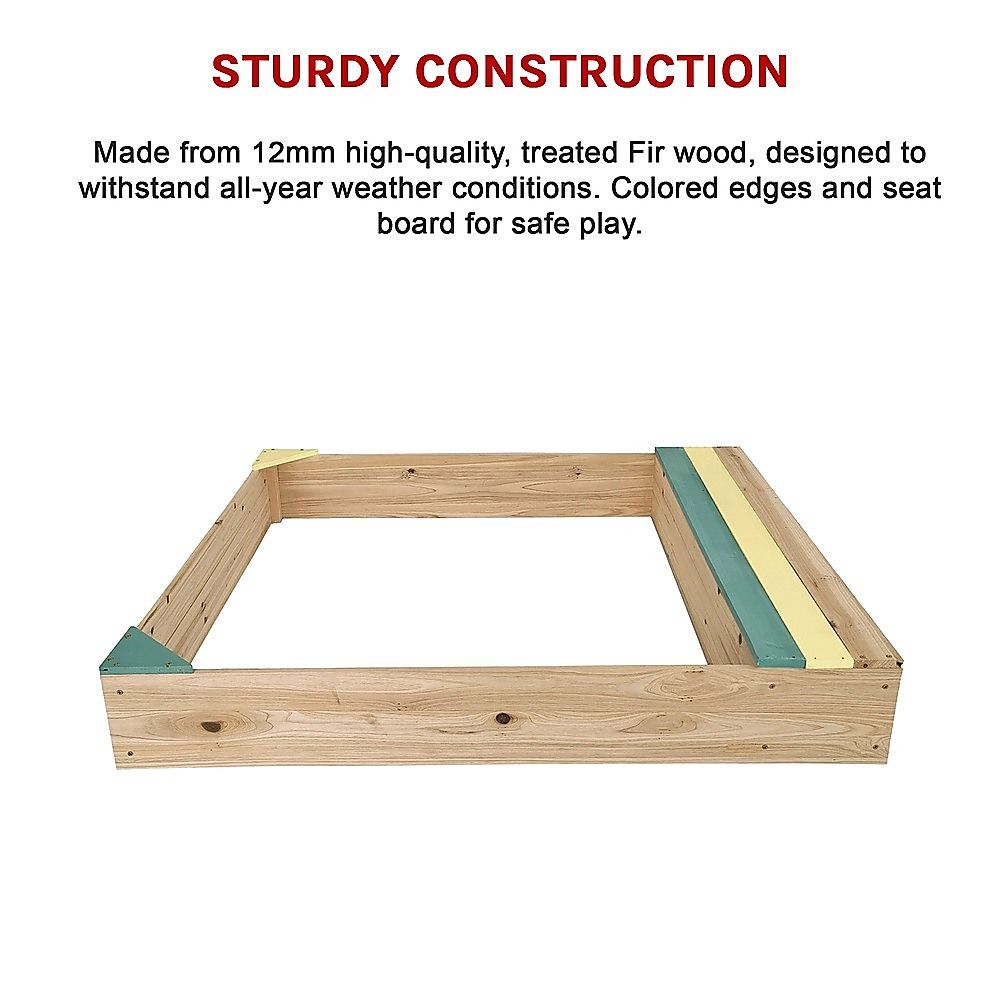 Wooden sandpit with bench seat and storage in blue and yellow