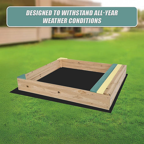 Wooden sandpit with bench seat and storage in blue and yellow