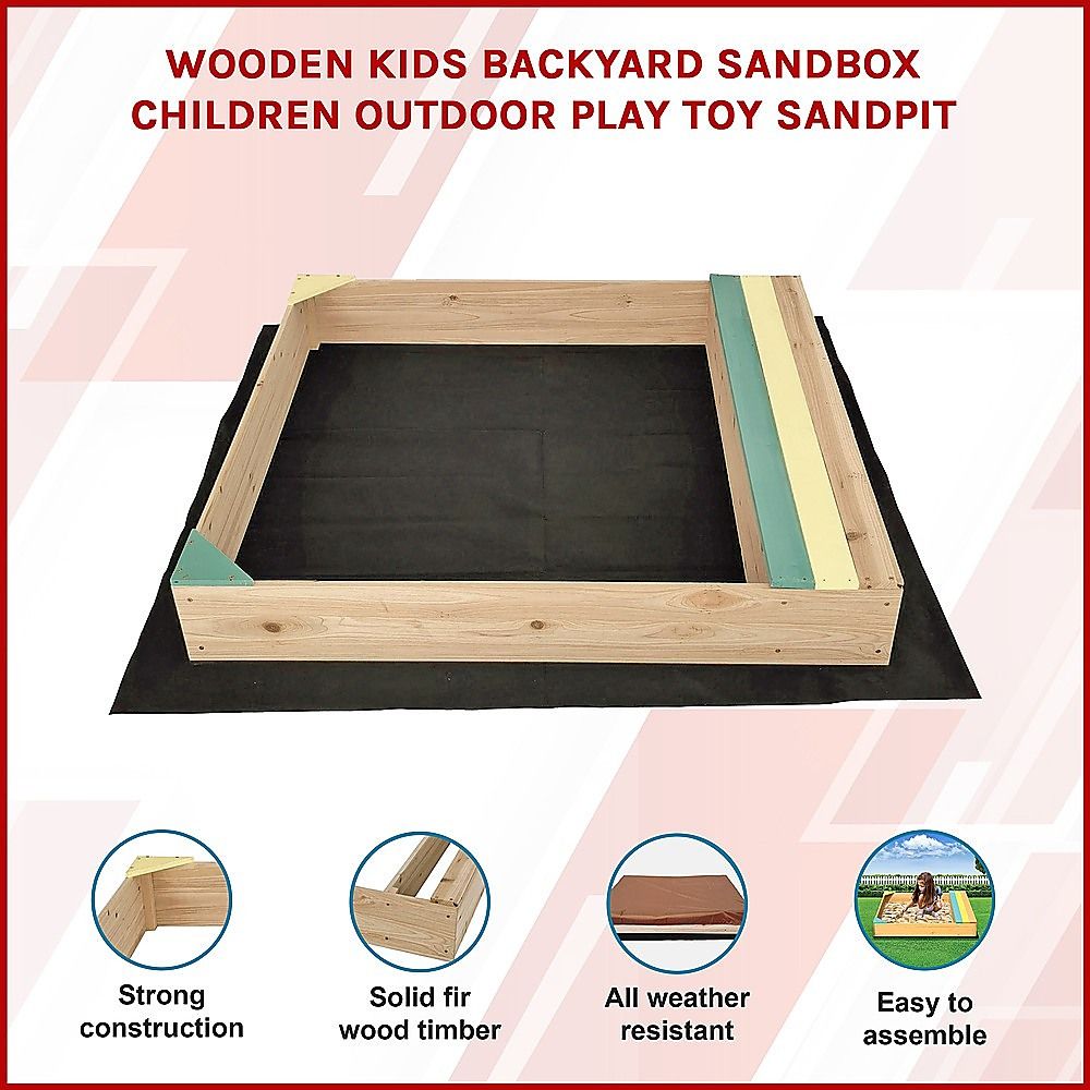 Wooden sandpit with bench seat and storage in blue and yellow