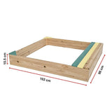 Wooden sandpit with bench seat and storage in blue and yellow