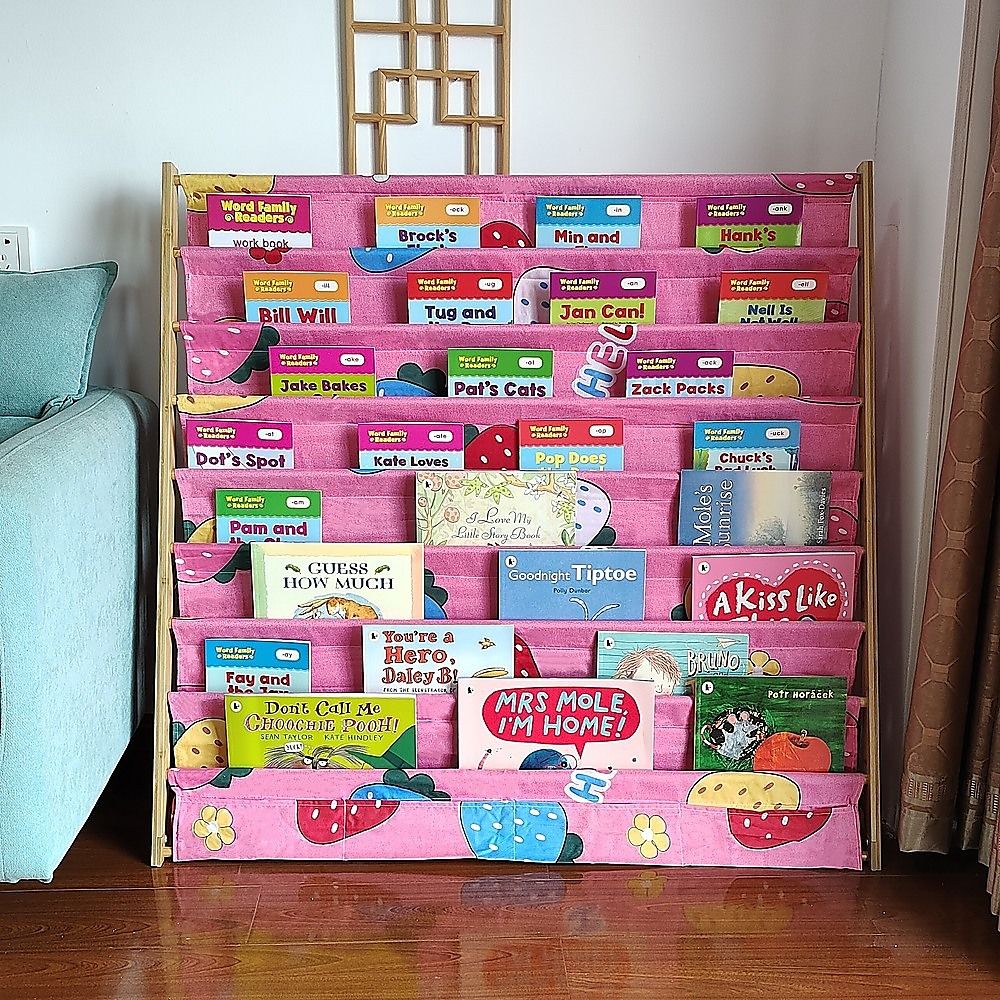 Kids Book Display Bookshelf, 8 Tier Natural and Pink