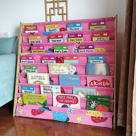 Kids Book Display Bookshelf, 8 Tier Natural and Pink