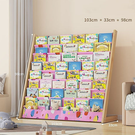Kids Book Display Bookshelf, 8 Tier Natural and Pink