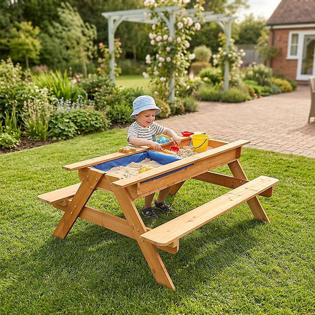 Wooden picnic table with lift up sand and water panel