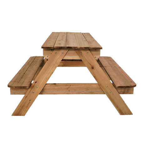 Wooden picnic table closed as a bench