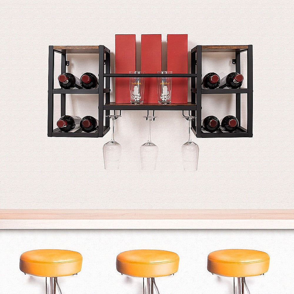 Wall mounted wine rack for 16 bottles with stemware holder and wood shelf
