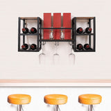 Wall mounted wine rack for 16 bottles with stemware holder and wood shelf