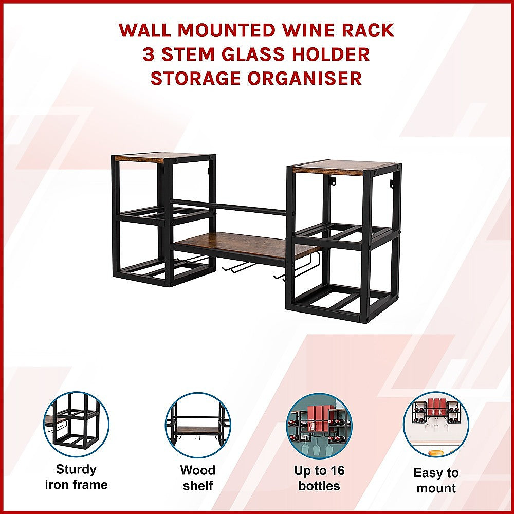 Wall mounted wine rack for 16 bottles with stemware holder and wood shelf