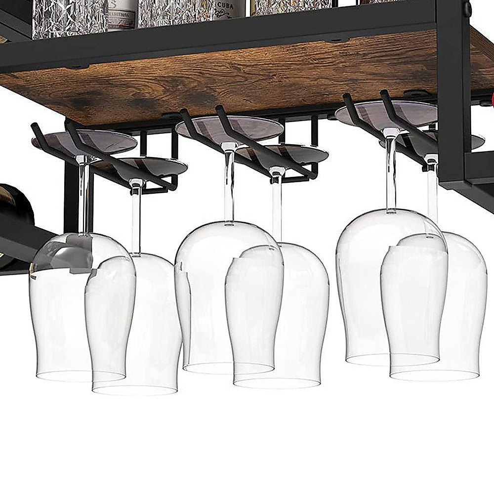 Wall mounted wine rack for 16 bottles with stemware holder and wood shelf