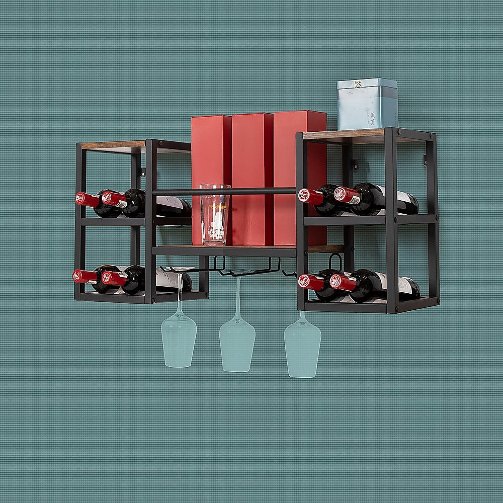 Wall mounted wine rack for 16 bottles with stemware holder and wood shelf
