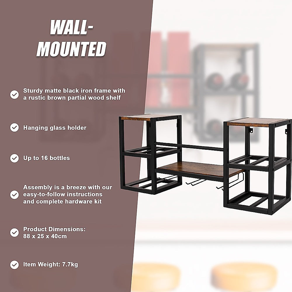 Wall mounted wine rack for 16 bottles with stemware holder and wood shelf