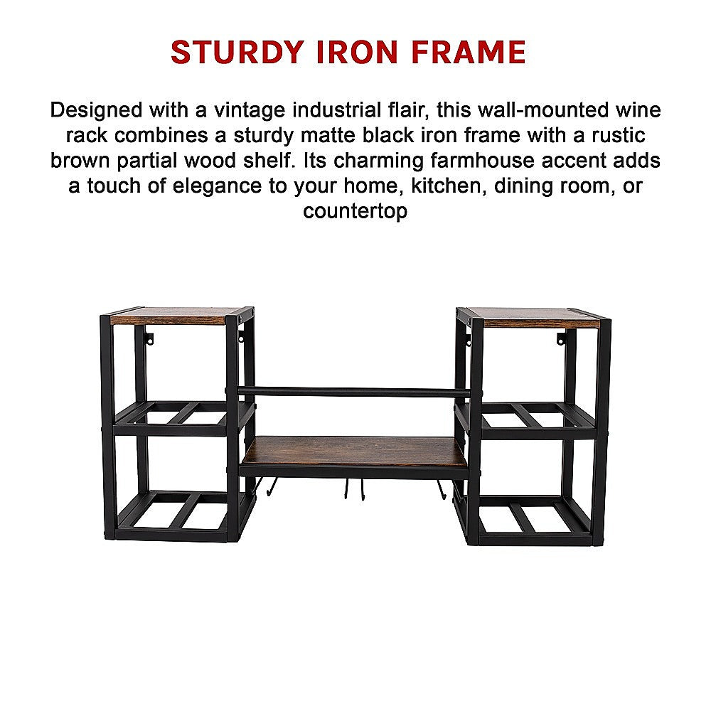 Wall mounted wine rack for 16 bottles with stemware holder and wood shelf