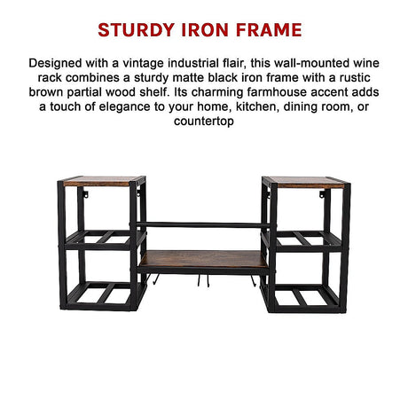 Wall mounted wine rack for 16 bottles with stemware holder and wood shelf
