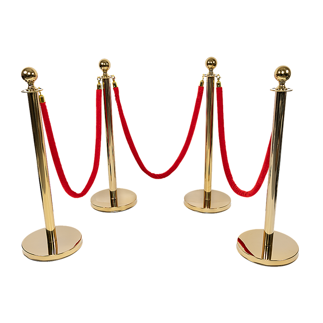 Gold crowd control queue barrier set with velvet ropes, view 1