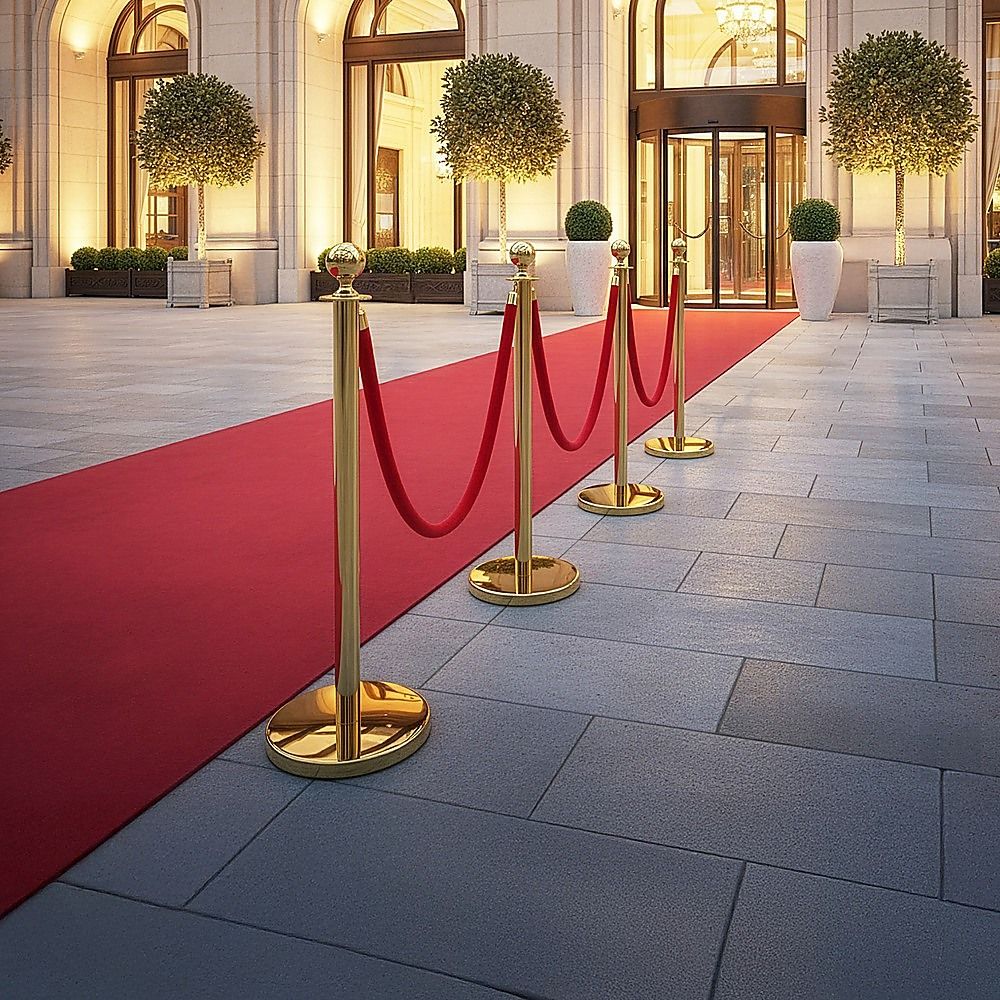 Gold crowd control queue barrier set with velvet ropes, view 2