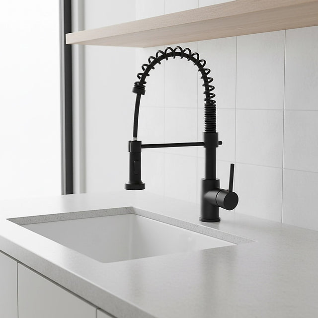 Compact solid brass pull out kitchen mixer tap in black