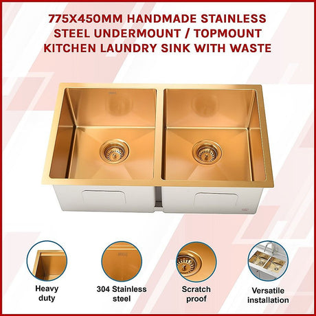 Handmade stainless steel kitchen and laundry sink 775x450mm