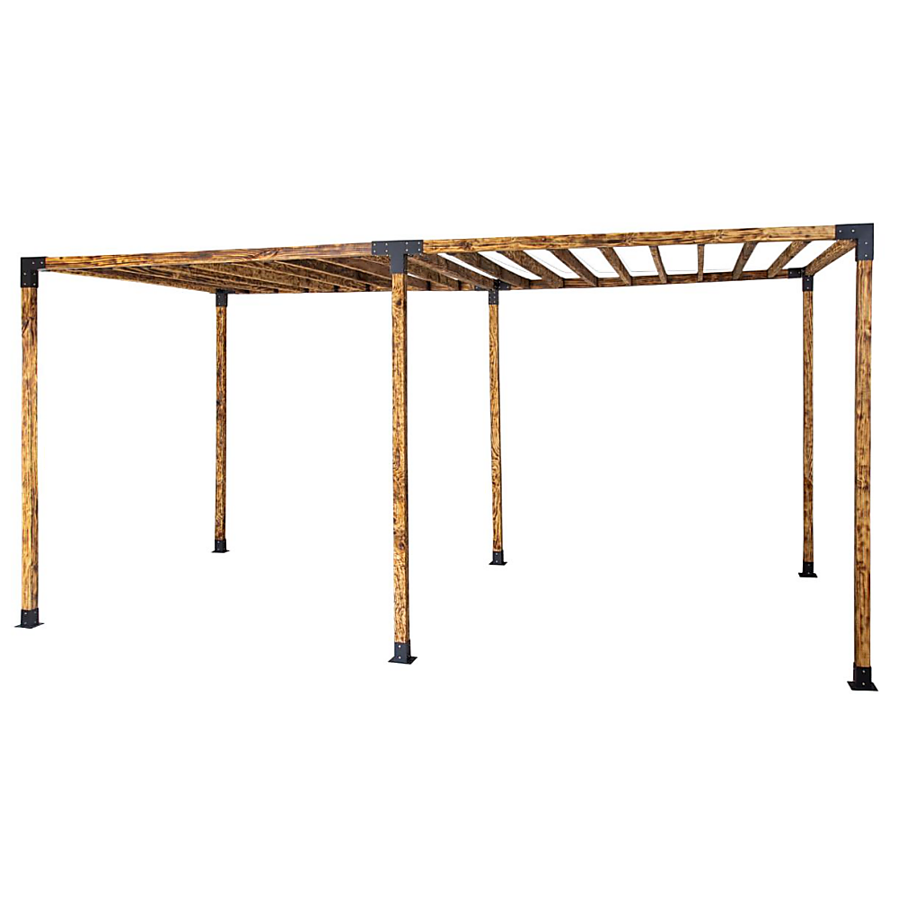 Timber pergola with slatted roof built using matte black steel brackets