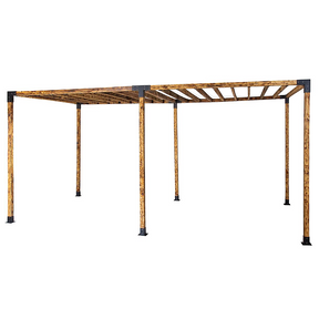 Timber pergola with slatted roof built using matte black steel brackets