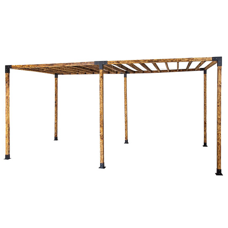 Timber pergola with slatted roof built using matte black steel brackets